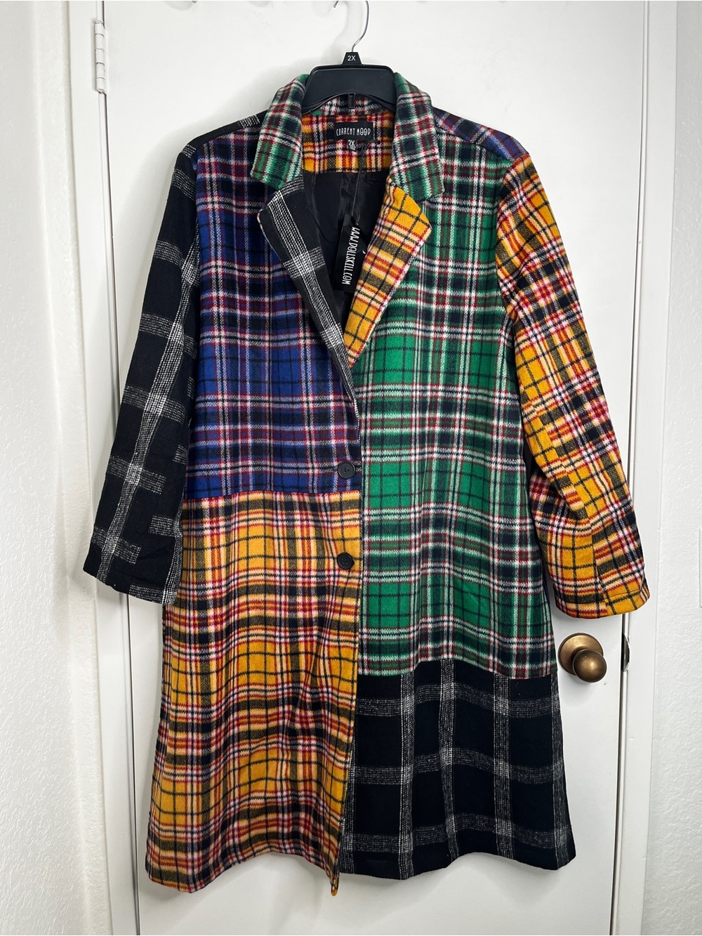 Dolls Kill Current Mood Taste of Fury Multi Plaid Coat 2X Wool Blend Patchwork